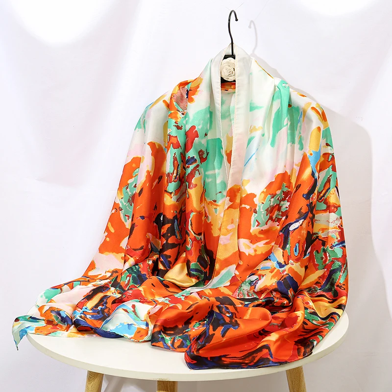 New Arrival Chinese Style Printed  Satin Silk Shawl Women Brocade Satin Scarf Big Size Long Shawls Travel Sun Protection Cape