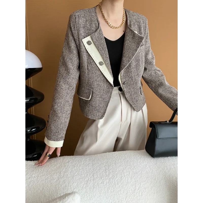 

French Tweed Spliced Lapel Small Fragrance Short Coat Fashion Casual Vintage Office Long Sleeve Spring Autumn Elegant Women Coat