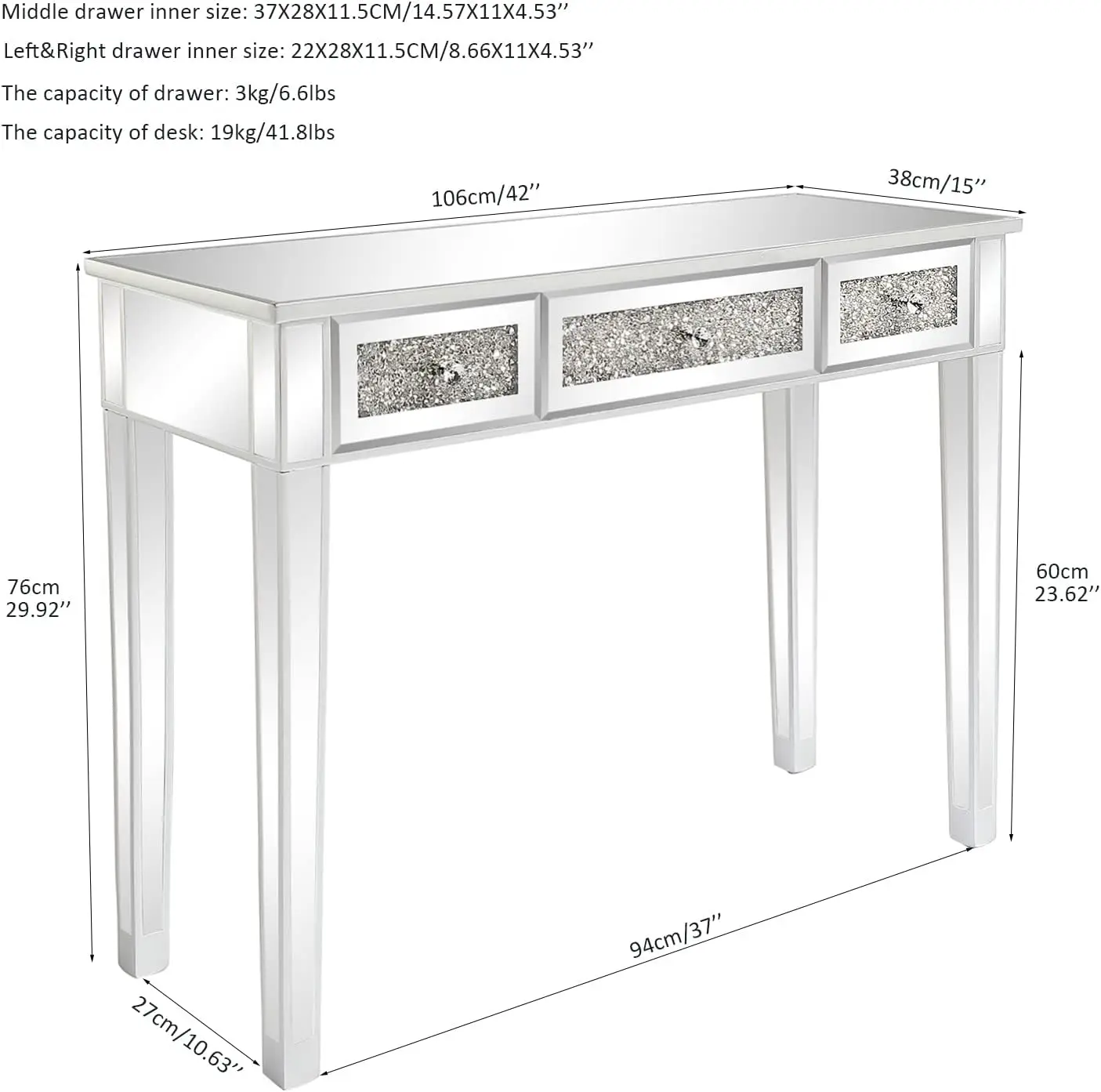 Mirrored Desk with 3 Drawers Silver Console Table Mirror Sofa Table with Crystal Inlay Front for Living Room, Entryway, Foyer,