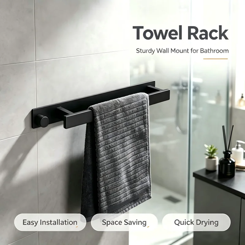 Adhesive Wall Mount Bathroom Towel Holder - Elegant Stainless Steel Single Bar Rack with Hooks for Organized Bath Space