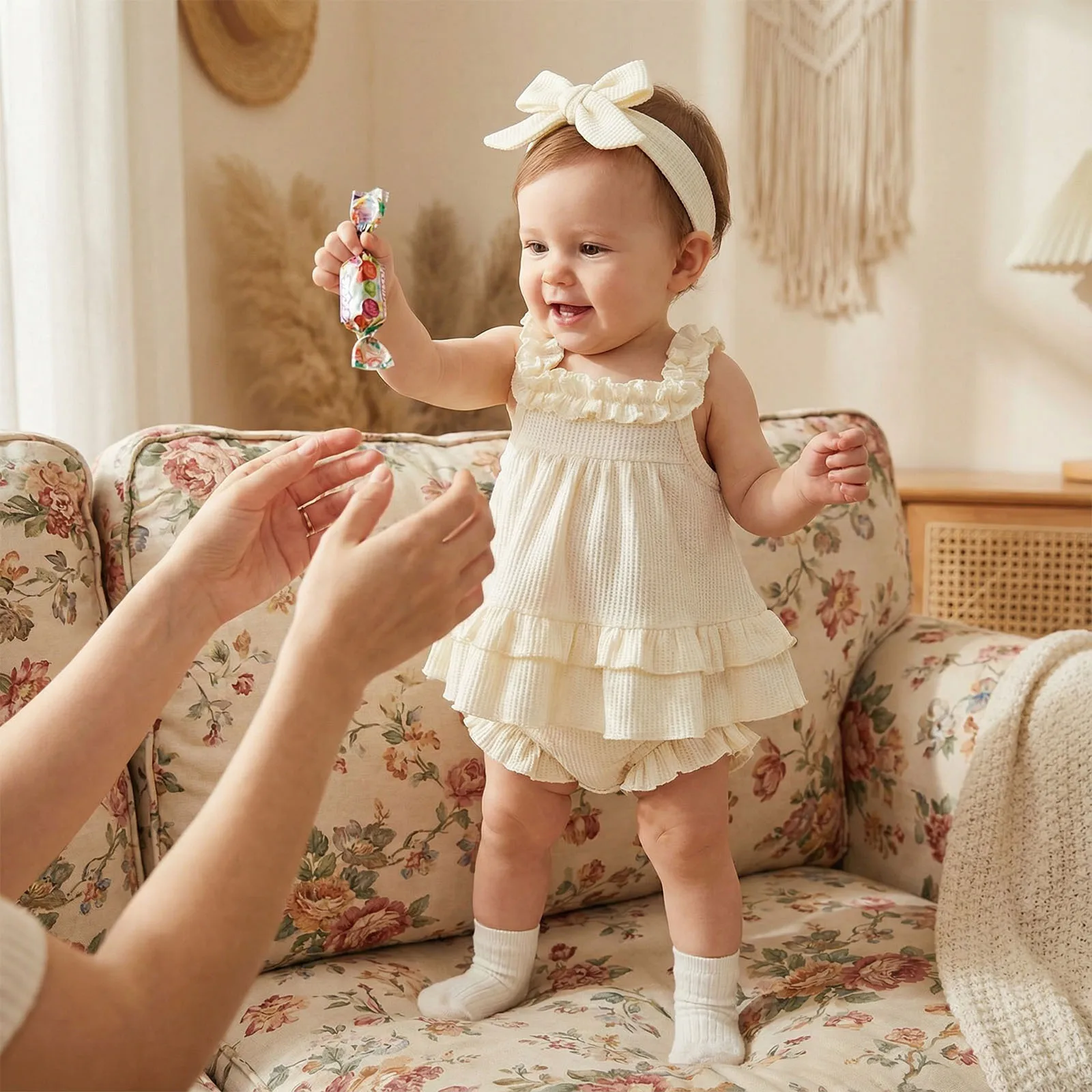 

Toddler Baby Girls Summer Outfits Solid Waffle Sleeveless Ruffles Tanks Tops Elastic Waist Shorts Headband 3pcs Clothes Sets