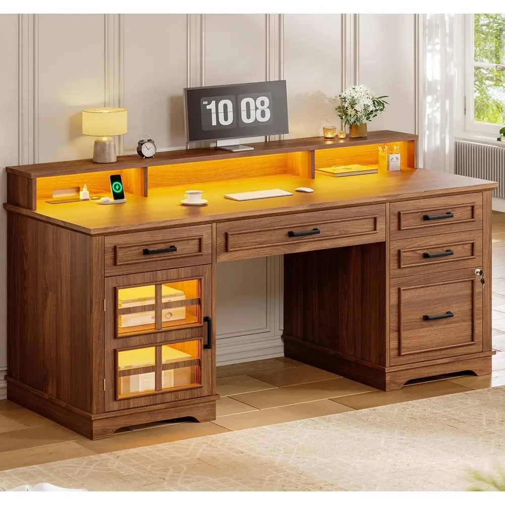 

60 Large Executive Desk with Drawers, Home Office Desk with Power Outlet & LED Light, Wood Desk with Monitor Stand, Locking File