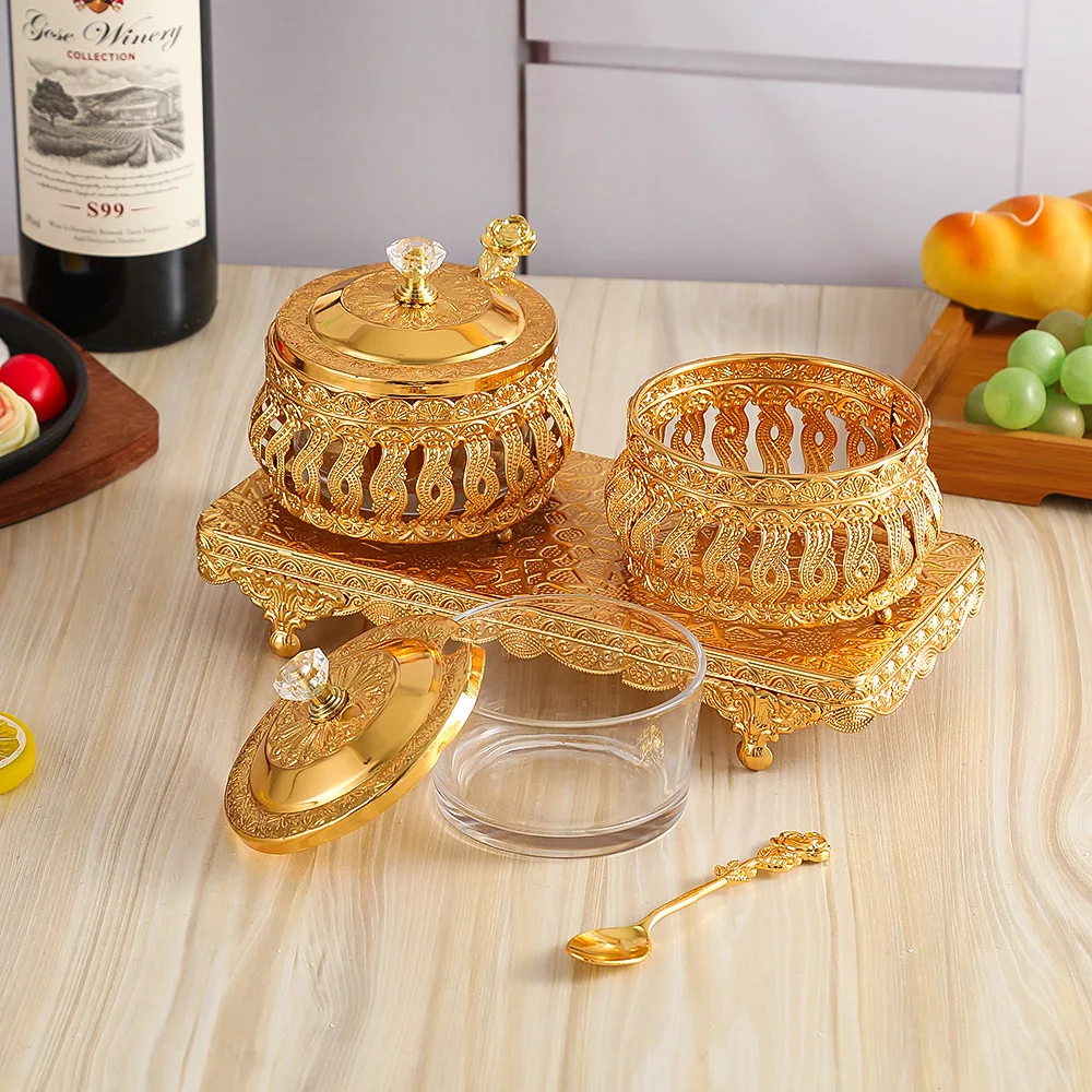 New Light Luxury Round Sugar & Seasoning Jar with Base Spoon Lid Hollow Exquisite Pattern Gold for Kitchen Use
