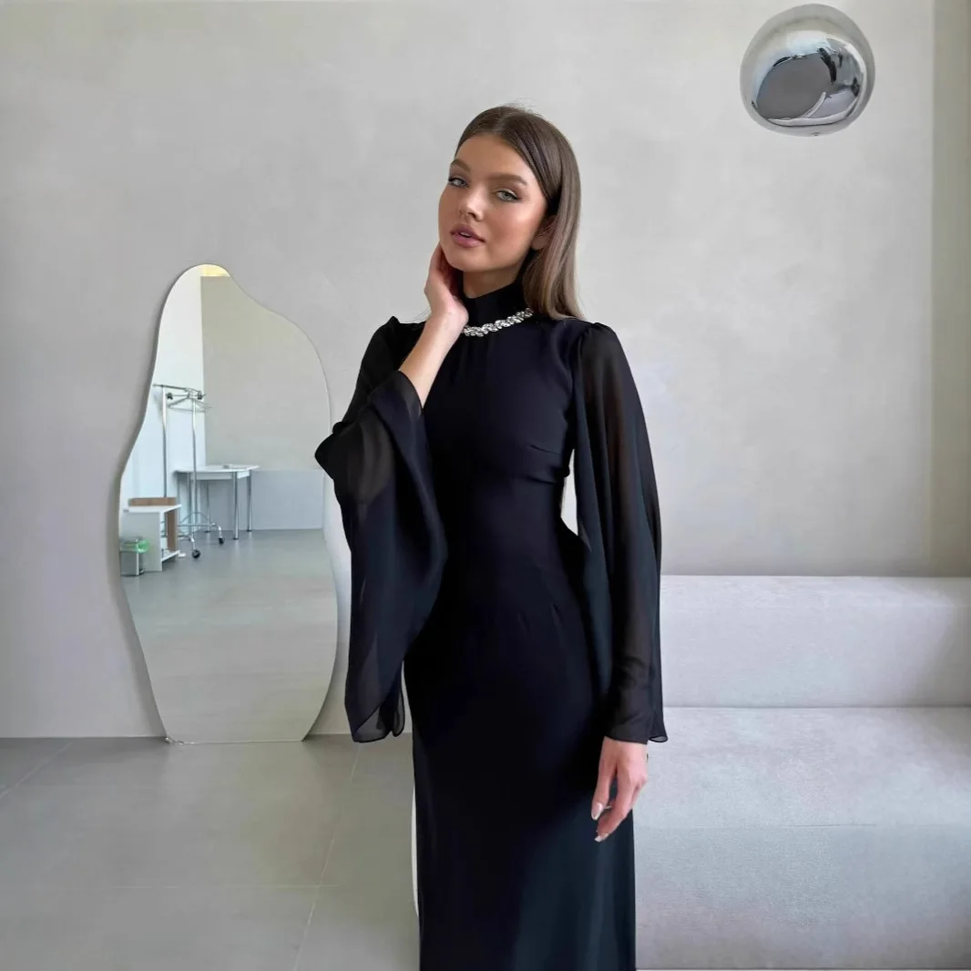 Elegant Slim Fit Solid Prom Dress Autumn Mesh Long Sleeved Flowing Long Dress Women's O Neck High Waist Straight Maxi Dress