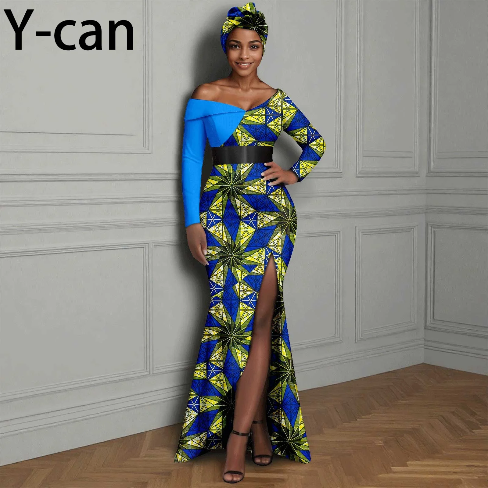 

African Women Clothing Dress Sexy Long Sleeve Slanted Shoulder PU Belt Slit Gown Match Headscarf for Wedding Party 2525165