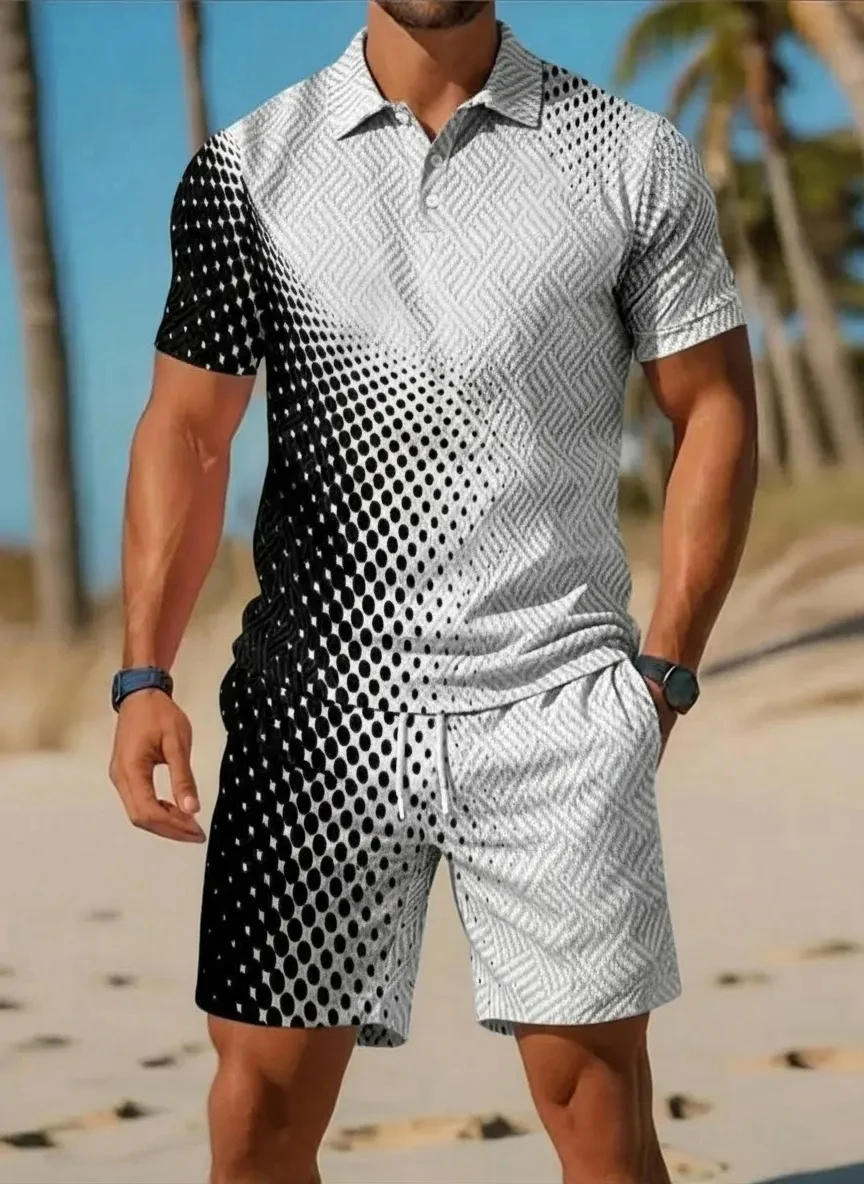 

New Summer Men's Casual Polo Two-Piece Set Retro Collared Short-Sleeve Top and Shorts Set Stylish Textured Men's Apparel