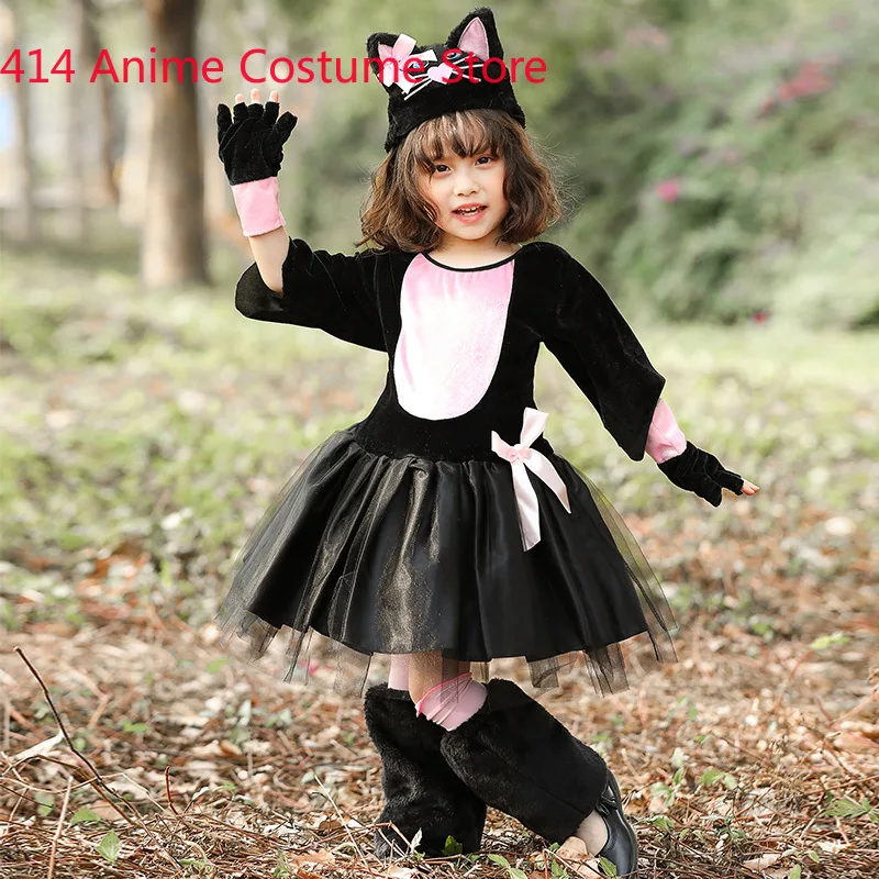 Kids Child Cute Pink Black Cat Kitty Costume Cosplay Fantasia Halloween Costumes for Girls Art Photography Dress