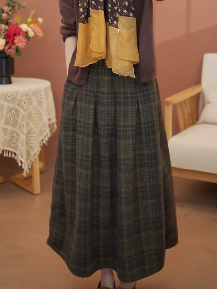 

High Waist Plaid Woolen Retro Style Casual A-Line Skirt Autumn Winter New Thickened Mid-Length Loose Fit Half-length Skirt