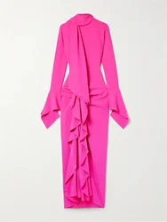 Customized High Neckline With Draped Ruched Long Sleeves Chiffon Evening Dress Elegant Back Zipper Ankle Length Gown For Women