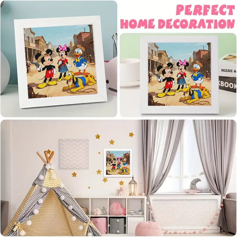 5D DIY Diamond Painting Kit, Full Drill Disney Mickey Minnie Donald Pluto Cowboy Western Theme Diamond Art, Cartoon Characters W