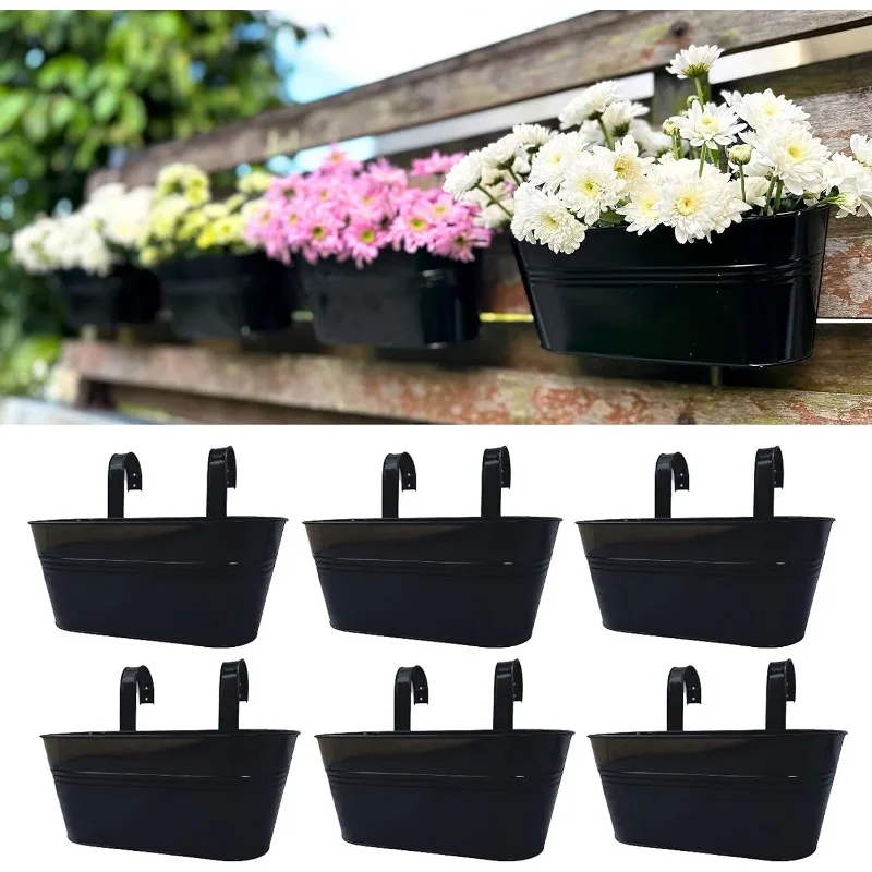 (6 Pack, 11.2 Inch) Black Metal Iron Hanging Flower Pots Deck Railings Fence Buckets Modern Style