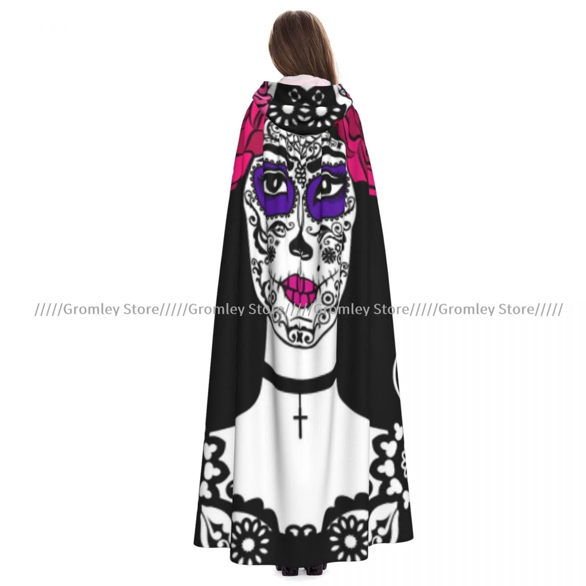 

Длинный халат ведьмы с капюшоном, сахарный череп, диаметр де Лос Muertos, тематический традиционный художественный принт, плащ на Хэллоуин, костюмы для косплея для взрослых