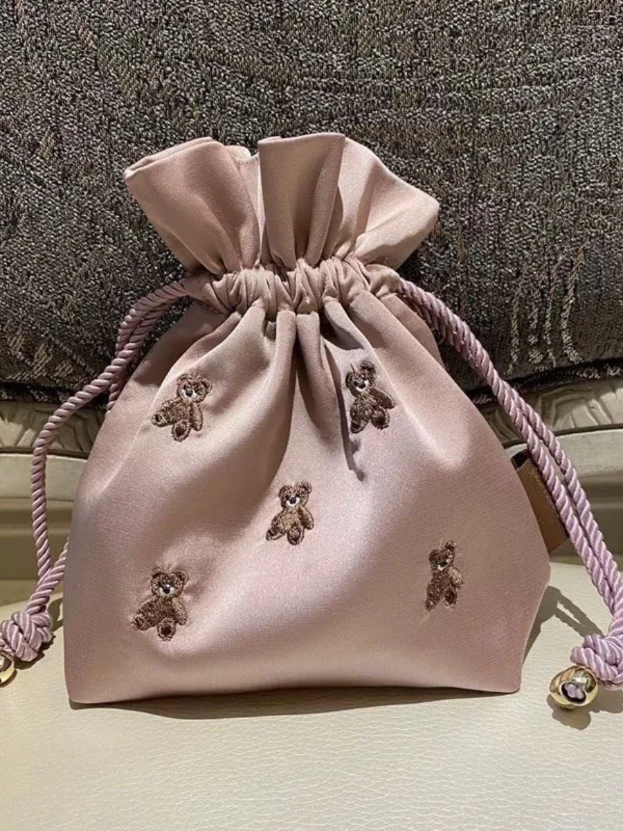 Lolita Cute Cartoon Bear Exquisite Embroidery Small Size Buggy Bag Female Ditty Bags Drawstring Storage Saving Bag for Girls