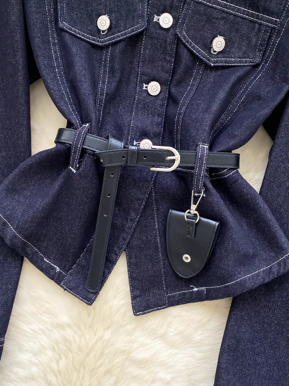 Csa de Mezclilla de Manga Larga con Cinturón y Cuello, Diseño E y Juvenil, Estilo Coreano, Hoada, para Mujer, Oto...