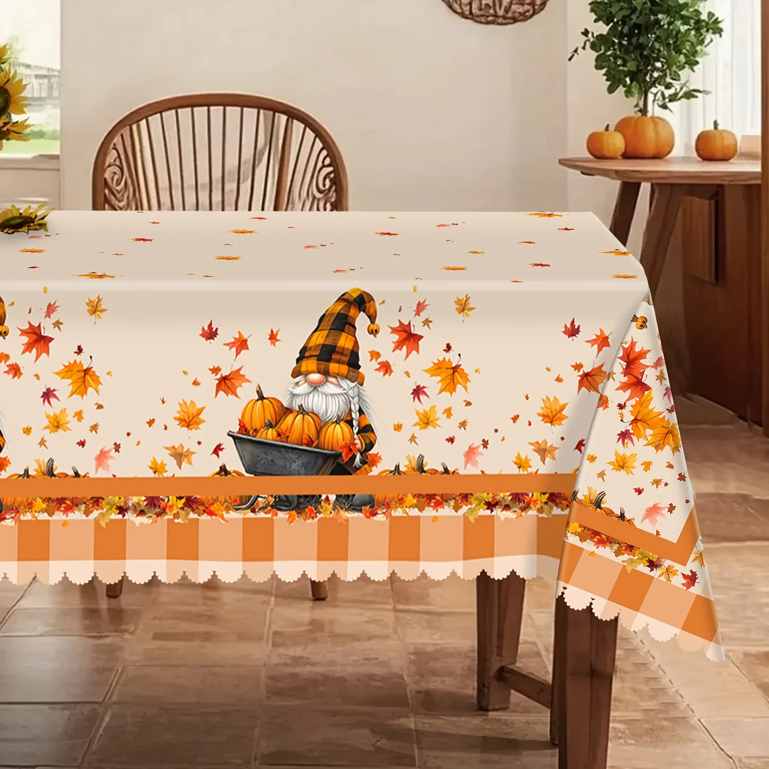 1 piece of Thanksgiving harvest tablecloth, with little dwarfs pushing a cart full of pumpkins and scattered itemsxzj