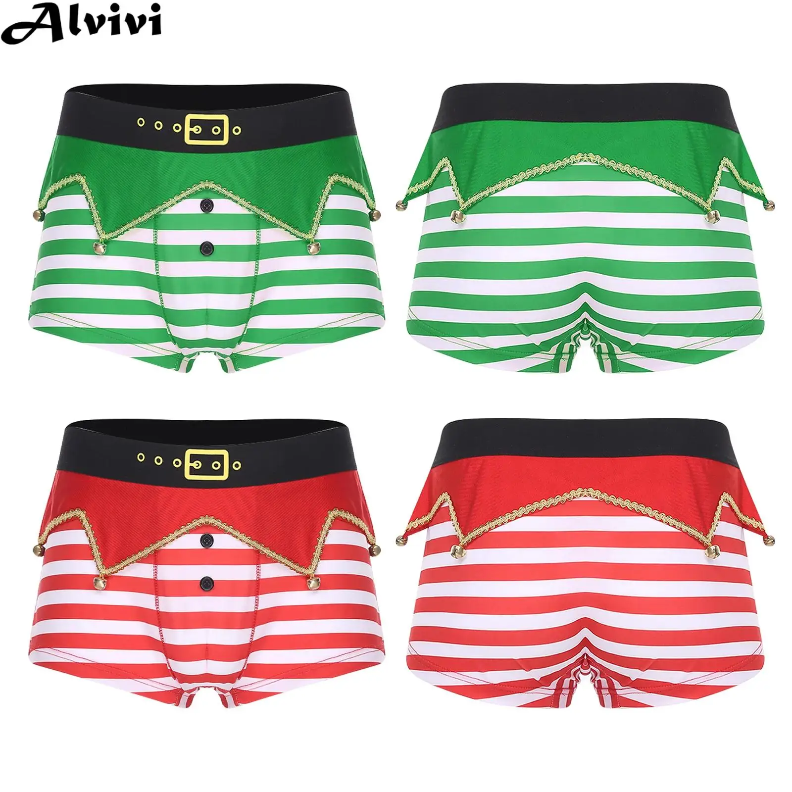 Men Christmas New Year Party Underwear Funny Novelty Holiday Boxer Briefs Elastic Waist Bells Striped Shorts Xmas Gag Gifts