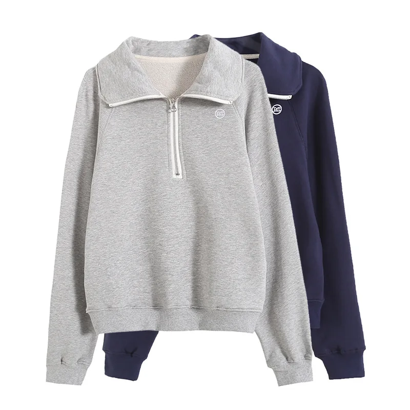 Autumn Long-sleeved Polo Collar Sweatshirts Women New Zipper Solid Color Basic Tops Female Elegant Apricot Pullovers