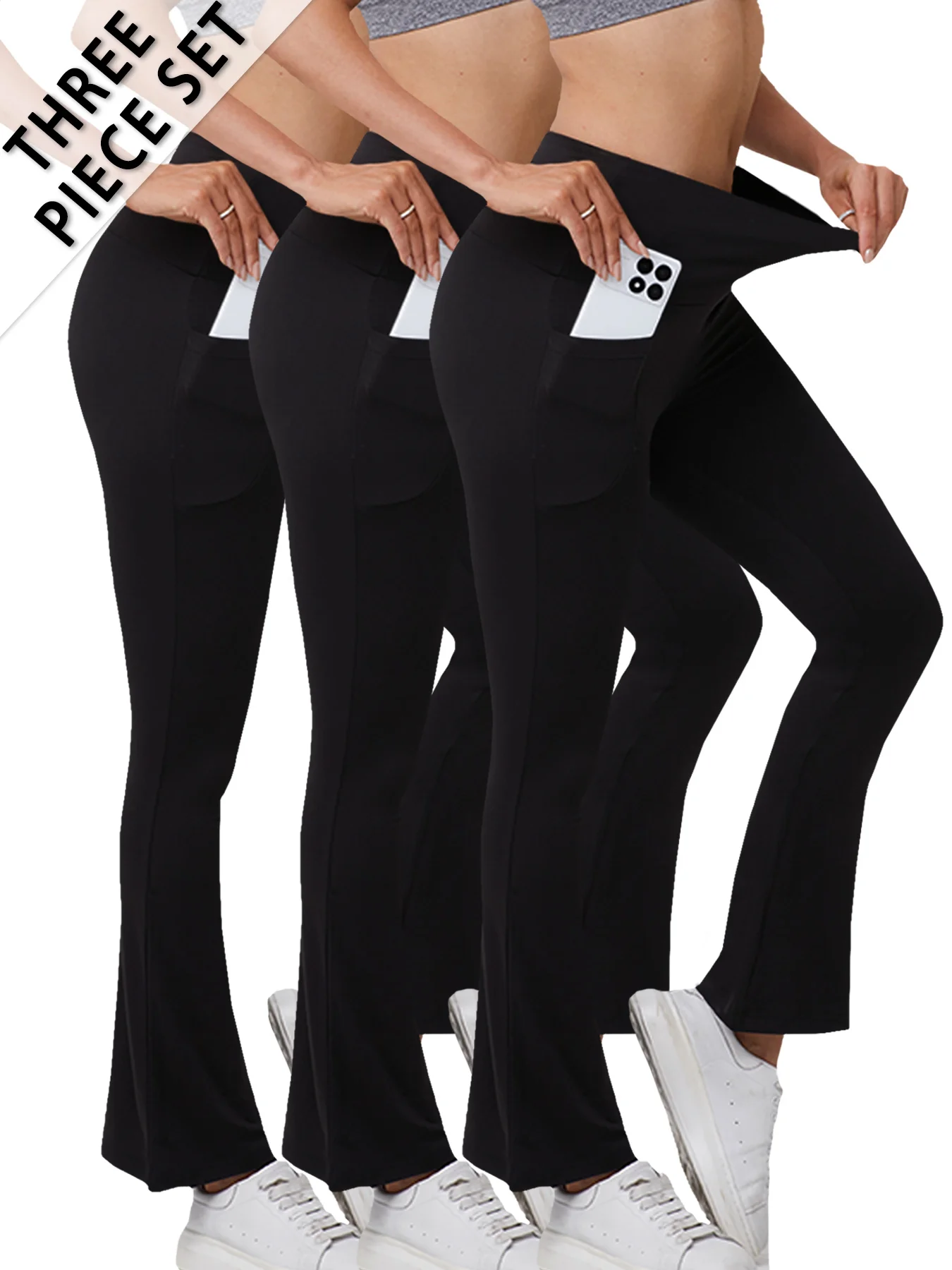 

3 Pack Women's Super Soft Flare with Pockets High Waisted Tummy Control Workout Yoga Push Up Gym Fitness Leggings Bell Bottoms