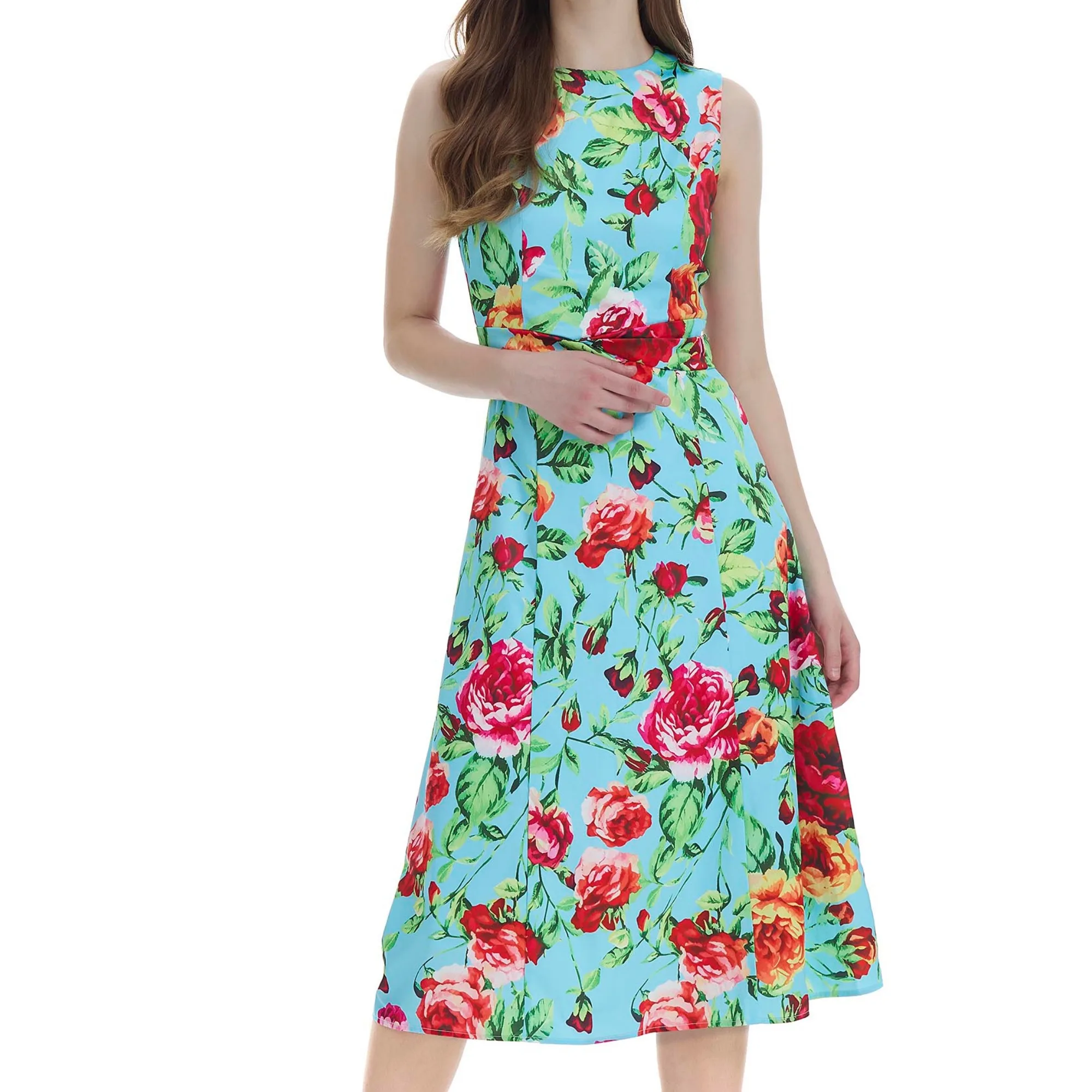 فستان بطبعة وردية بتصميم A-Line، خصر مرتفع، تنورة ميدي بتصميم مظلة، أنيق، بدون أكمام، من ألياف البوليستر، برقبة مستديرة.