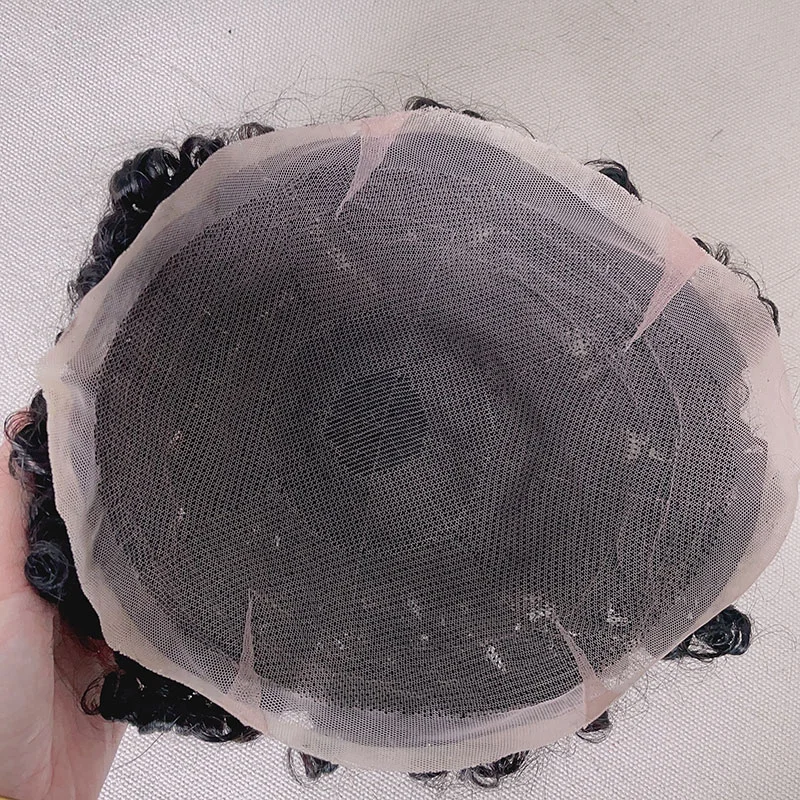 قطعة بديلة لشعر بشري هندي عذراء عالي الجودة غير معالج، قاعدة دانتيل كاملة مصنوعة يدويًا، شعر مستعار مجعد للرجال #3