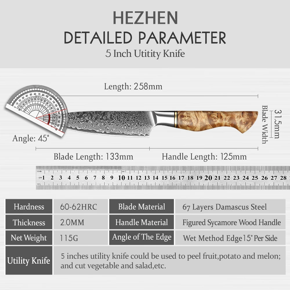 HEZHEN 5 Inch Utility Knife 67 Layer Damascus Steel Super Sharp Cook Knife For Fruit Vagetable Petty Peeling Kitchen Knife