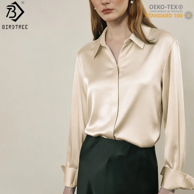 

Birdtree, OEKO-TEX, 19MM 90% Silk 10% Spandex Blouse, Lapel Full Sleeve Shirt, Women Commuting Tops, 2026 Summer New T64713JF