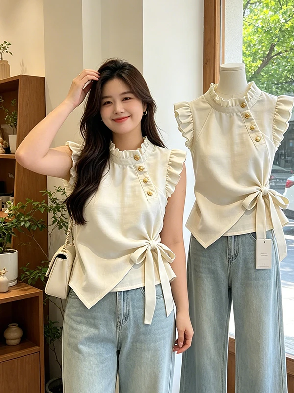 

Slimming Large Size Beautiful Design Earlet Collar Sleeveless Shirt Women's Summer New Style French Style Skin-friendly Breat...
