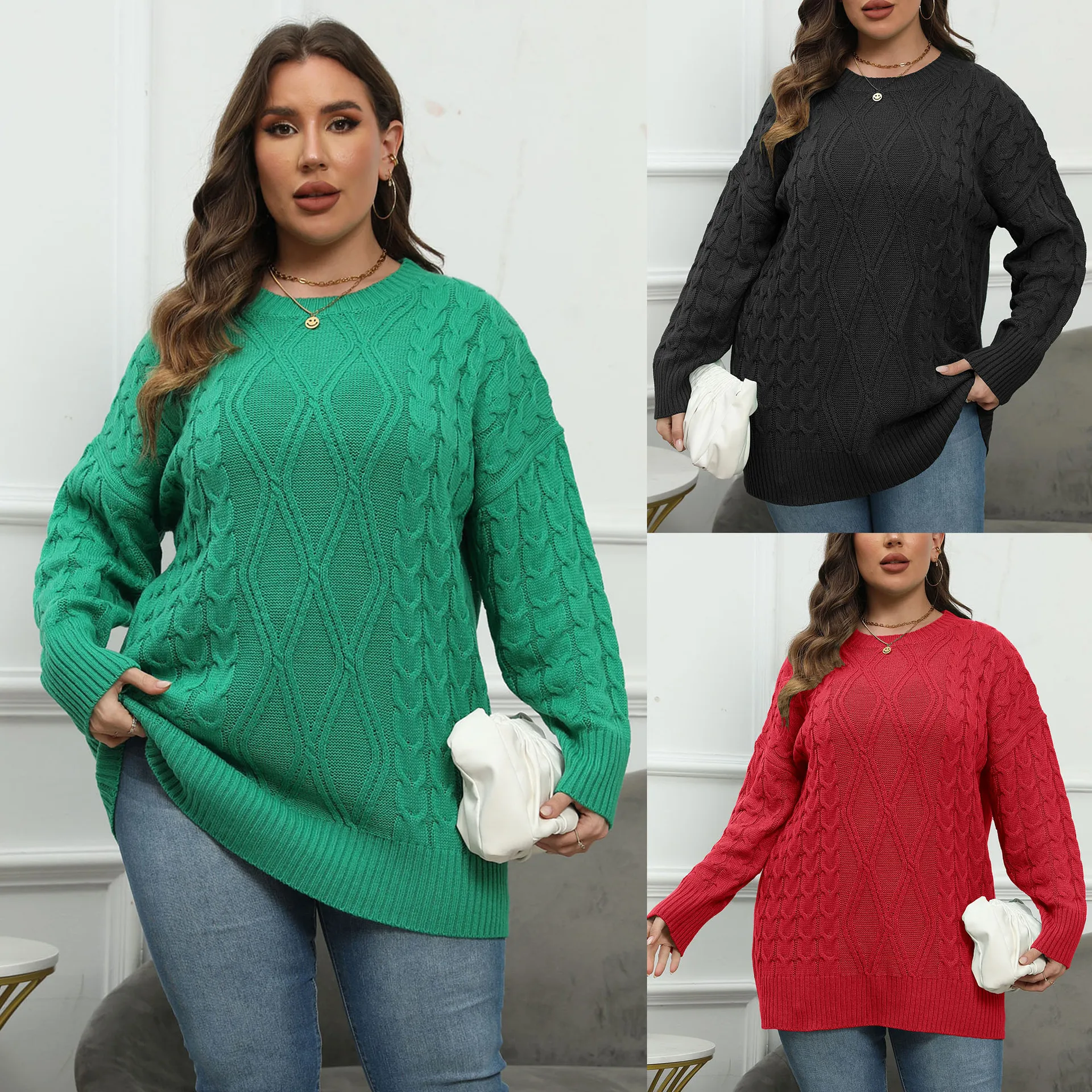 Suéter de malha feminino plus size, gola redonda, preto, verde, vermelho, roupas de inverno grandes para mulheres, simples, solto, moda outono