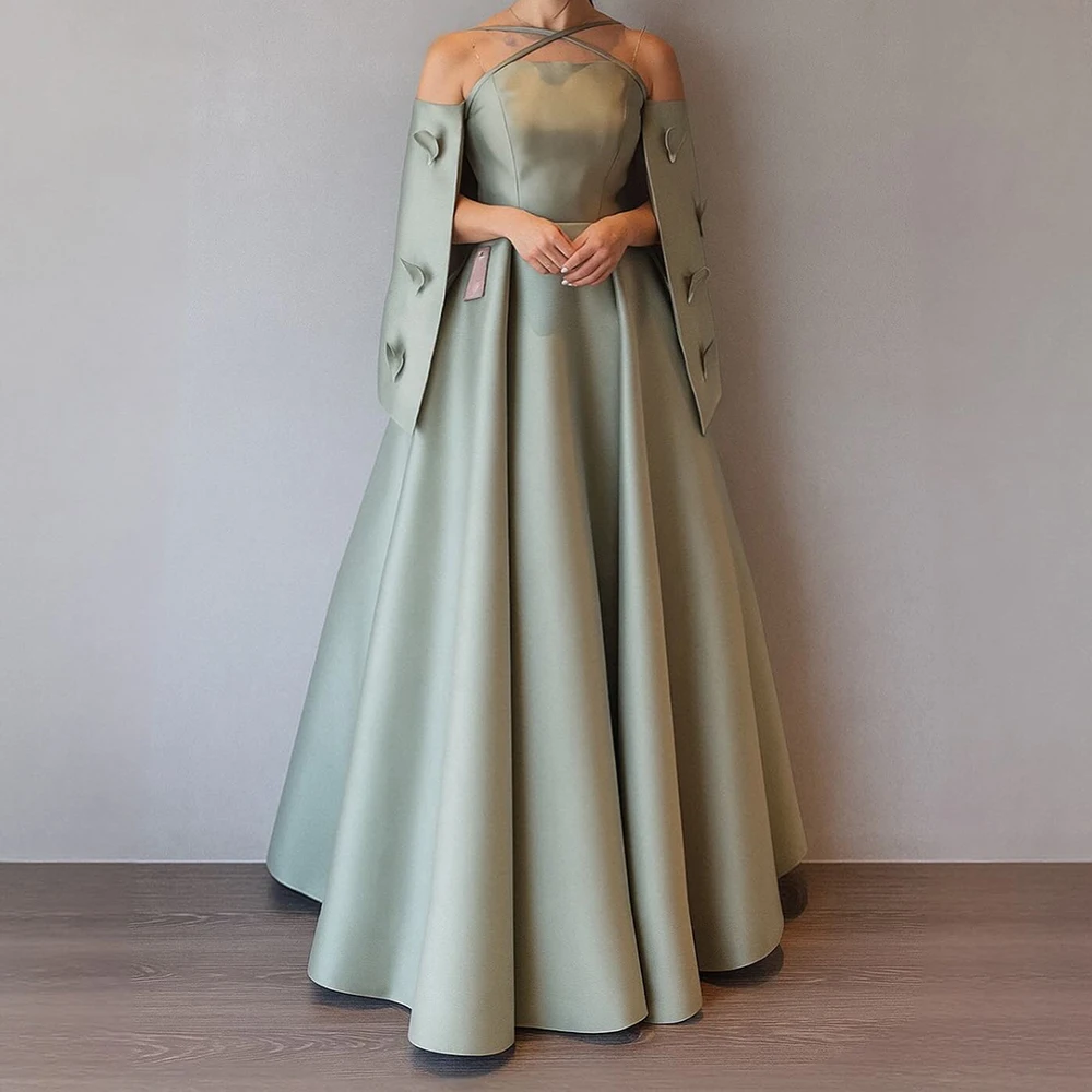 

Customized A-line Evening Dresses Floor-length Spaghetti Strap Sleeveless Prom Gown Fashion Stole Flowers Backless Party Gown