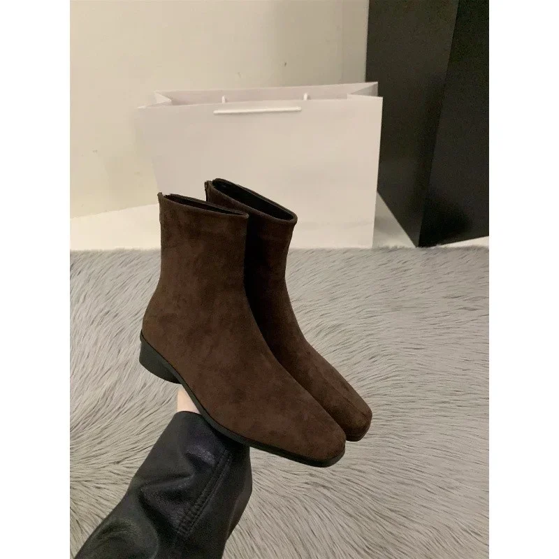 Moda donna stivaletti inverno pelle scamosciata tacchi alti primavera autunno scarpe a punta in pelle scamosciata di lusso Block stivaletti con