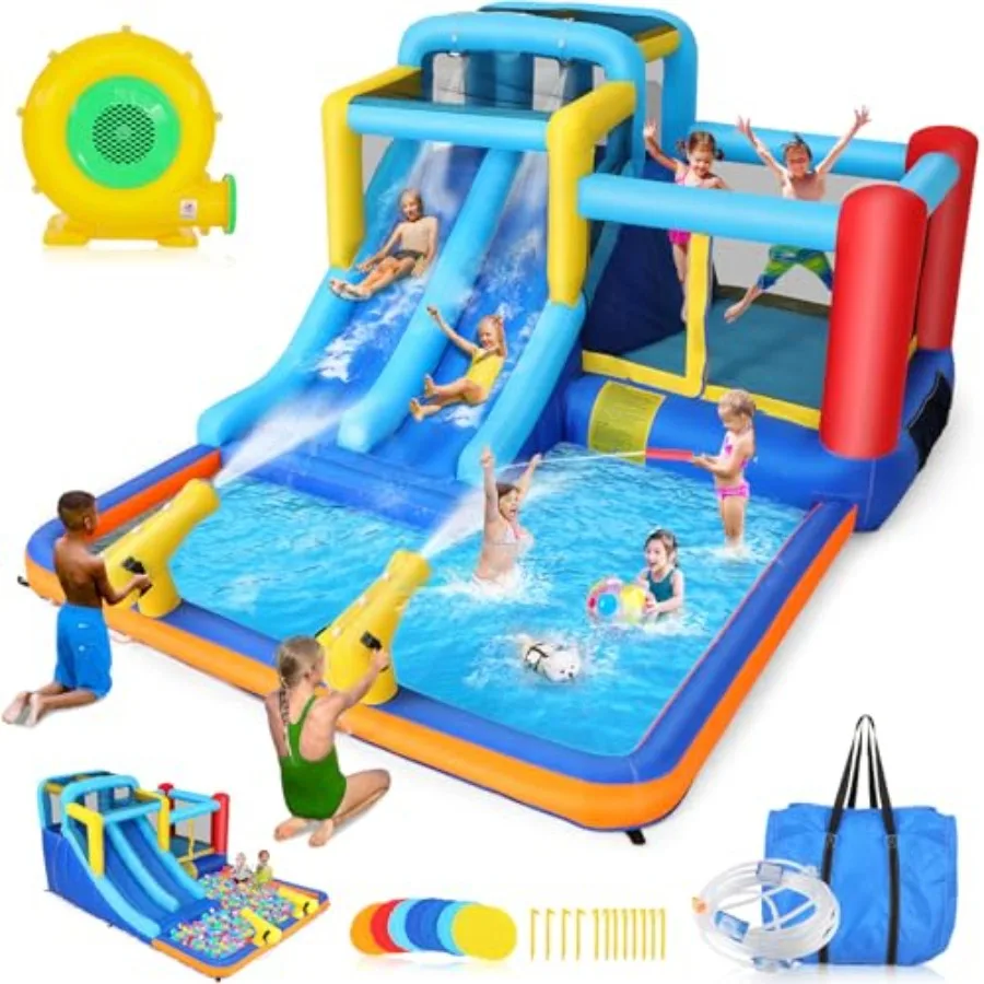 Parque de tobogán acuático de casa de rebote de 15x9,95 pies para niños de 3 a 6 años, casa inflable con tobogán acuático con tobogán, piscina grande, área de abocador,Blowe