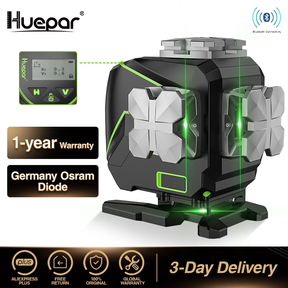 Huepar 12 Lines 3D Cross Line Laser Level LCD Display Bluetooth & Remote Control Functions Green Beam With Hard Carry Case S03DG