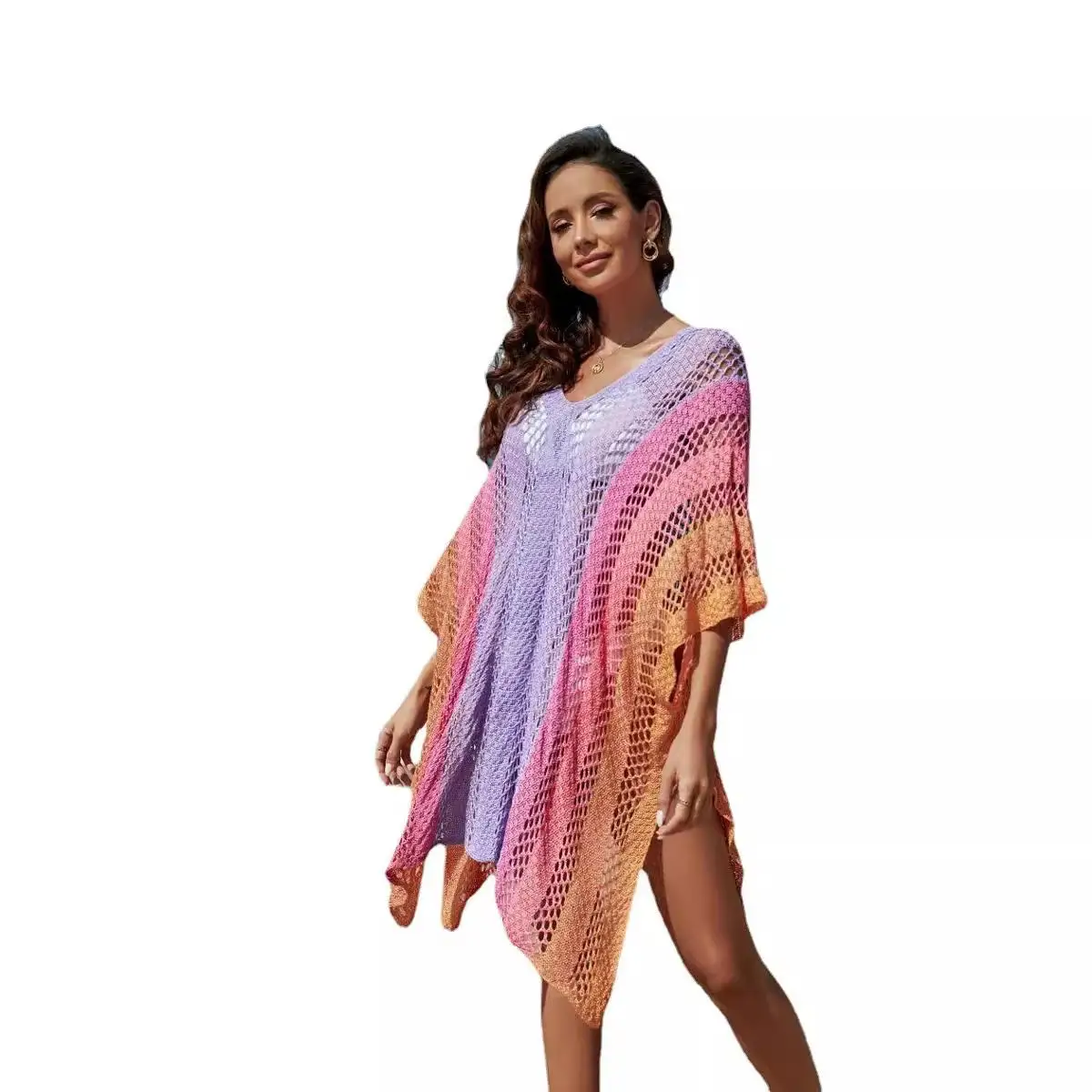 Capa de Praia Assimétrica em Malha Colorida Plus Size para Mulheres, Roupas Protetoras Fashionáveis