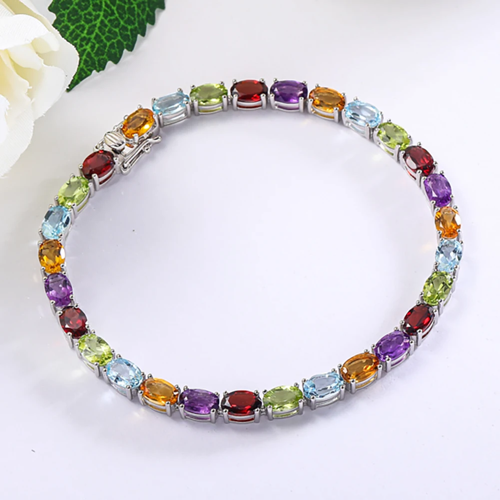 GZ ZONGFA Genuine 925 Silver Bracelet for Women Natural Garnet Peridot Amethyst Mixed Color Charm Fine Jewelry