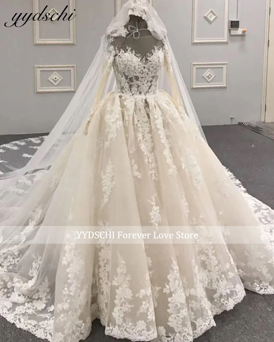 

Customized Long Sleeves A-Line Wedding Dresses 2025 Lace Appliques O-Neck Backless Glitter Beaded Bridal Gown Vestido De Noiva