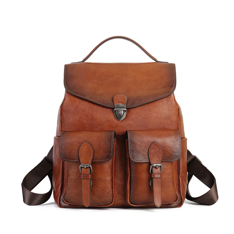 

Men's Women's Leisure Travel Retro Large Capacity Leather Lock Backpack Bags First Layer Cowhide Backpack