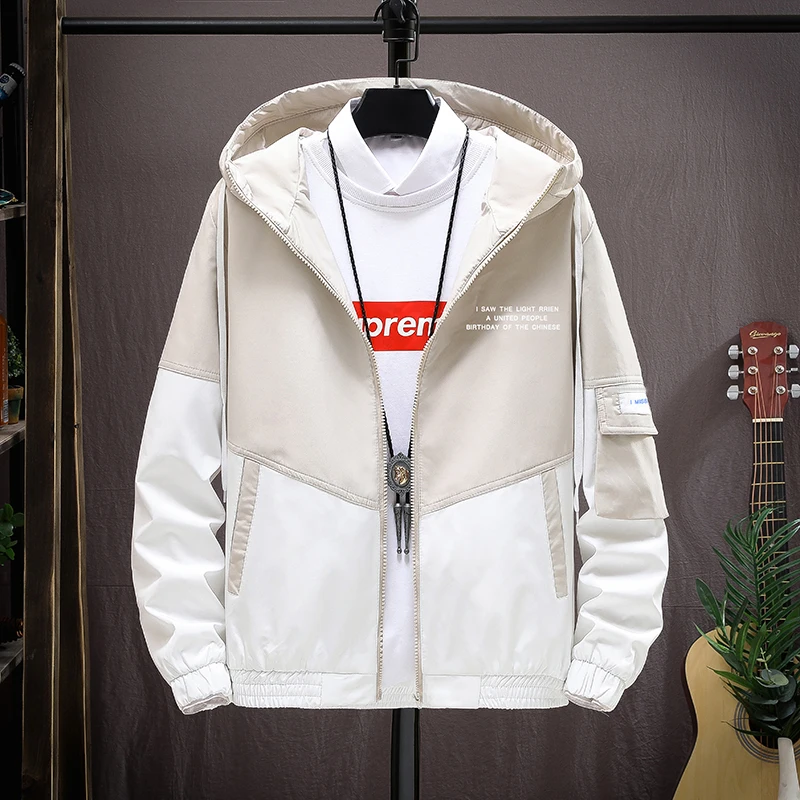Men's Flying Jacket Spring and Autumn Windproof Color Block Irregular Pattern Printed Hooded Coat Casual Outdoor Street Clothing