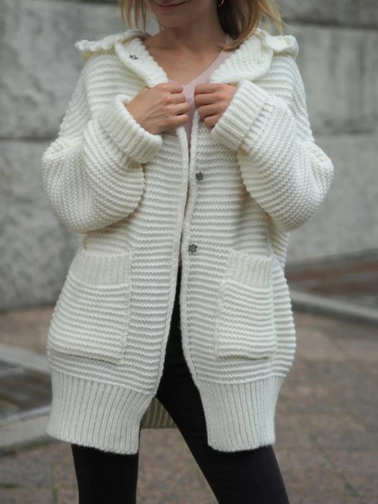

Fashion Autumn Winter Women's Long Sleeve Hooded Button Knitted Cardigan, Sweater with Pockets, Casual Chic Streetwear
