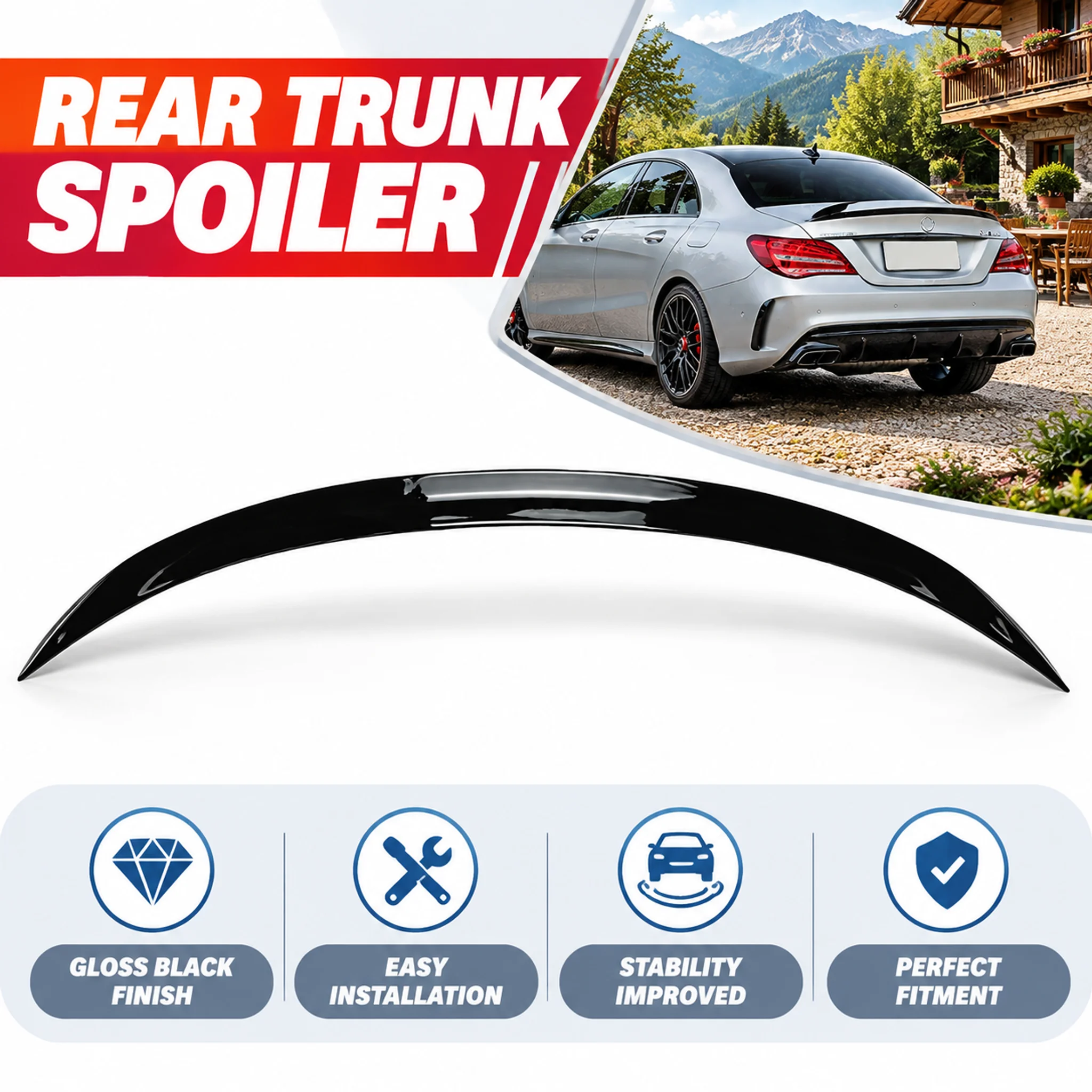 Spoiler per il portellone posteriore Mercedes-Benz CLA C117 W117 2013-2019, finitura nera lucida effetto carbonio, alettone aerodinamico per carrozzeria sportiva, design antivento ad alta stabilità,
