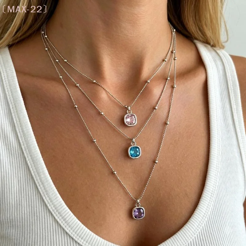 〔MAX-22〕1/2Pcs Square Gemstone Sparkling Pendant Necklace Earrings Bracelet Multi Layer Round Bead Fashion Jewelry Set