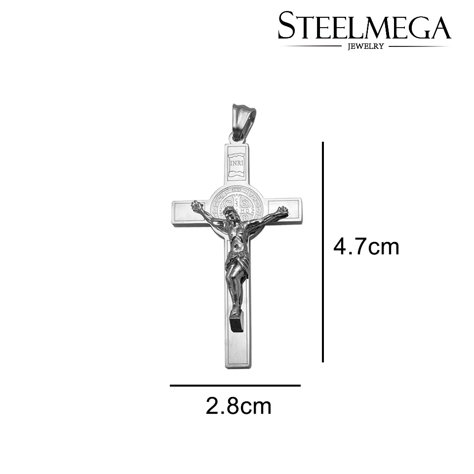 STEELMEGA Stainless Steel Catholic Pendant of Crucifix with Saint Benedict Medal