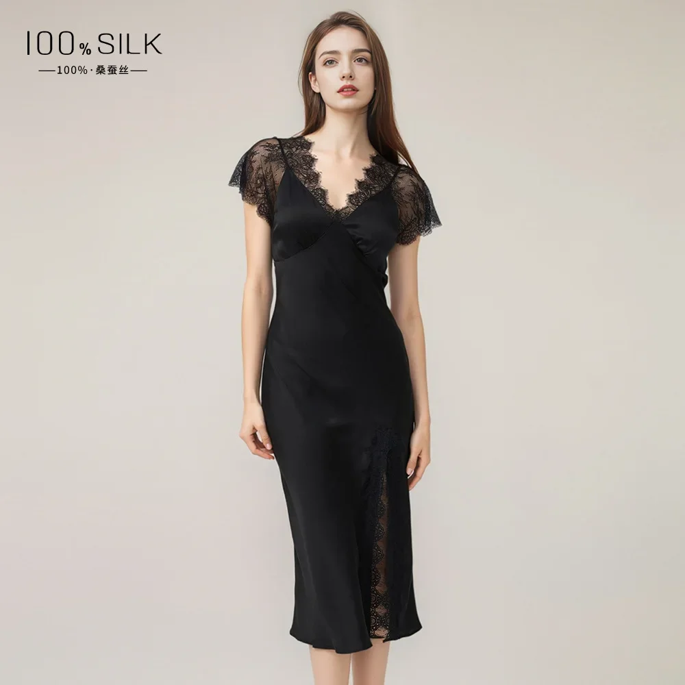 19MM Silk Short Sleeve Lace Nightdress Slim Fit 100% Mulberry Silk Split Nightgown Sexy Sleep Dress Lingerie Sleepwear Nightie