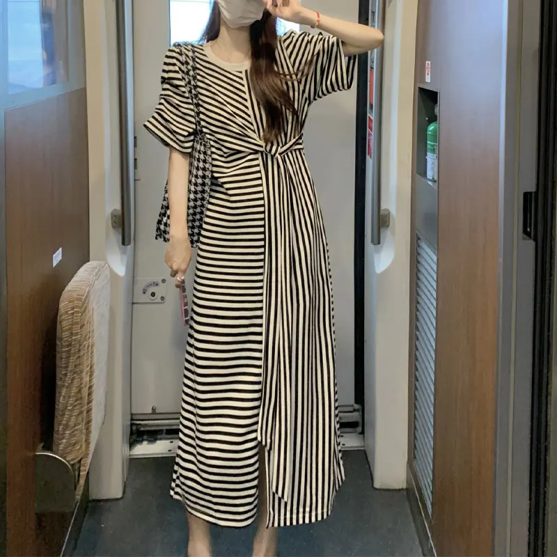 

Female Clothing Korean Striped Spliced Long Dress Fashion Asymmetrical Folds Summer O-Neck Casual Short Sleeve Split Dresses New