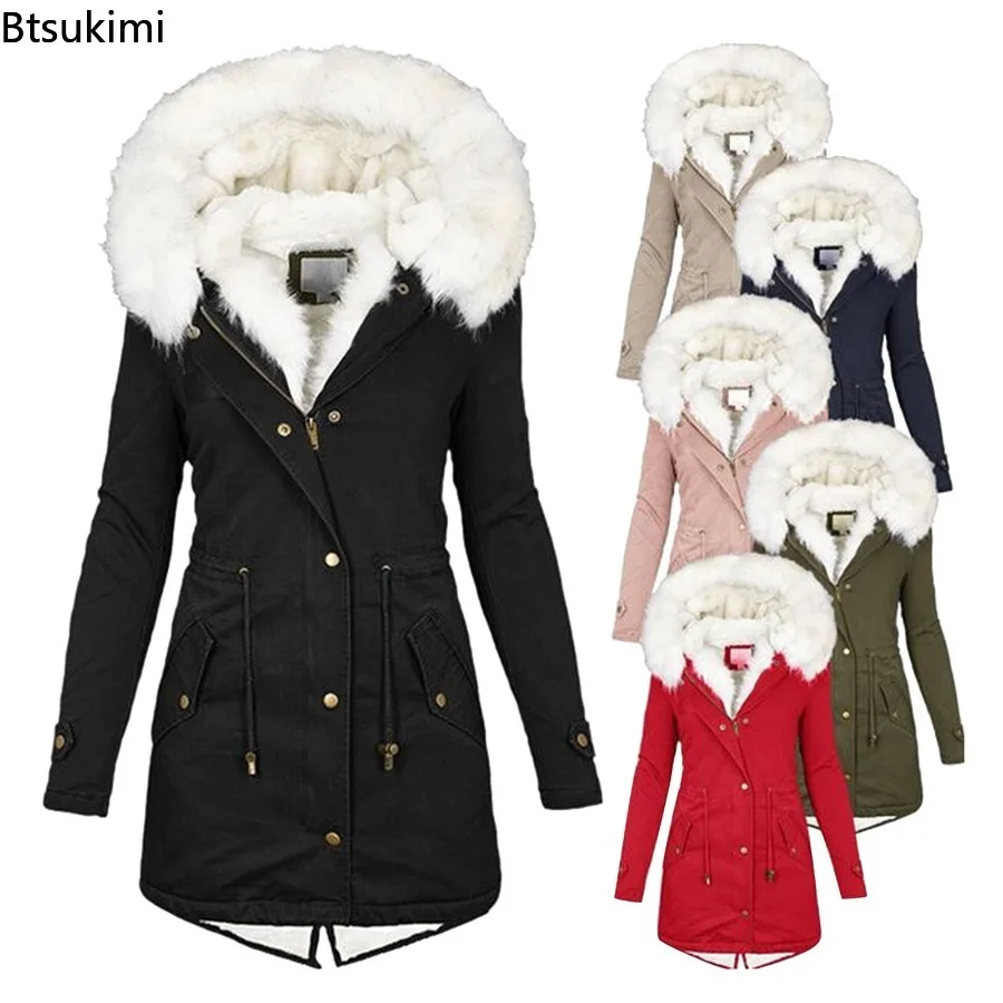 New Women's Warm Jackets Autumn Winter Plush Padded Long Hooded Coats Thickened Windbreak Fur Collar Parkas Female Slim Jackets