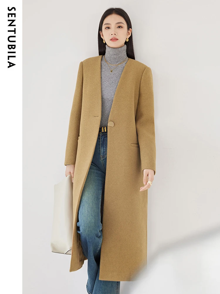 

SENTUBILA Warm Quilted Woolen Long Coat Women 2024 Winter Plain New In Outerwear Female V-Neck Longline Overcoats 134D52663