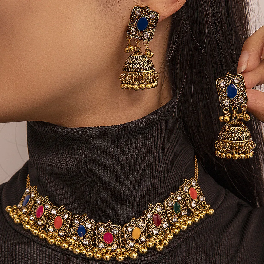 Ethnic Gold Color Hollow Geometric Necklace Earrings Set Vintage Wedding Bijoux Indian African Jewelry Sets for Women