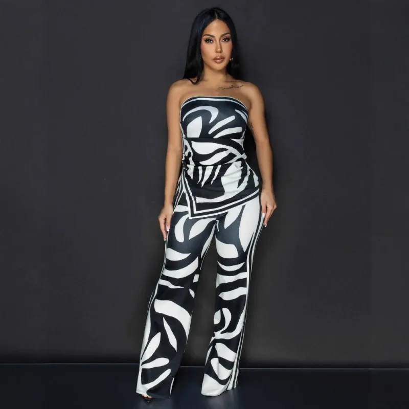 Doyerl Elegante 2-teilige Sets Damen-Outfits, Club-Kleidung, Party, schulterfreies, trägerloses Oberteil und Hose mit weitem Bein, passende Sets Ensemble