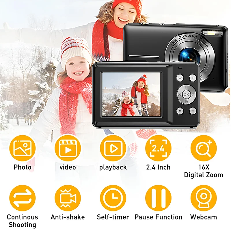 Digital Camera, FHD 1080P Camera, Digital Point and Shoot Camera with 16X Zoom Anti Shake, Compact Small Camera for Boys Girls