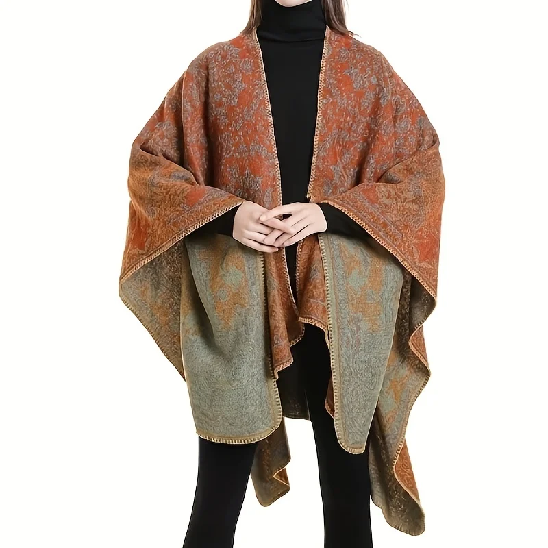 Imitation Cashmere Shawl Print Warm Long Shawl Casual Blanket Open Front Poncho Cape Oversized Cardigan Wrap