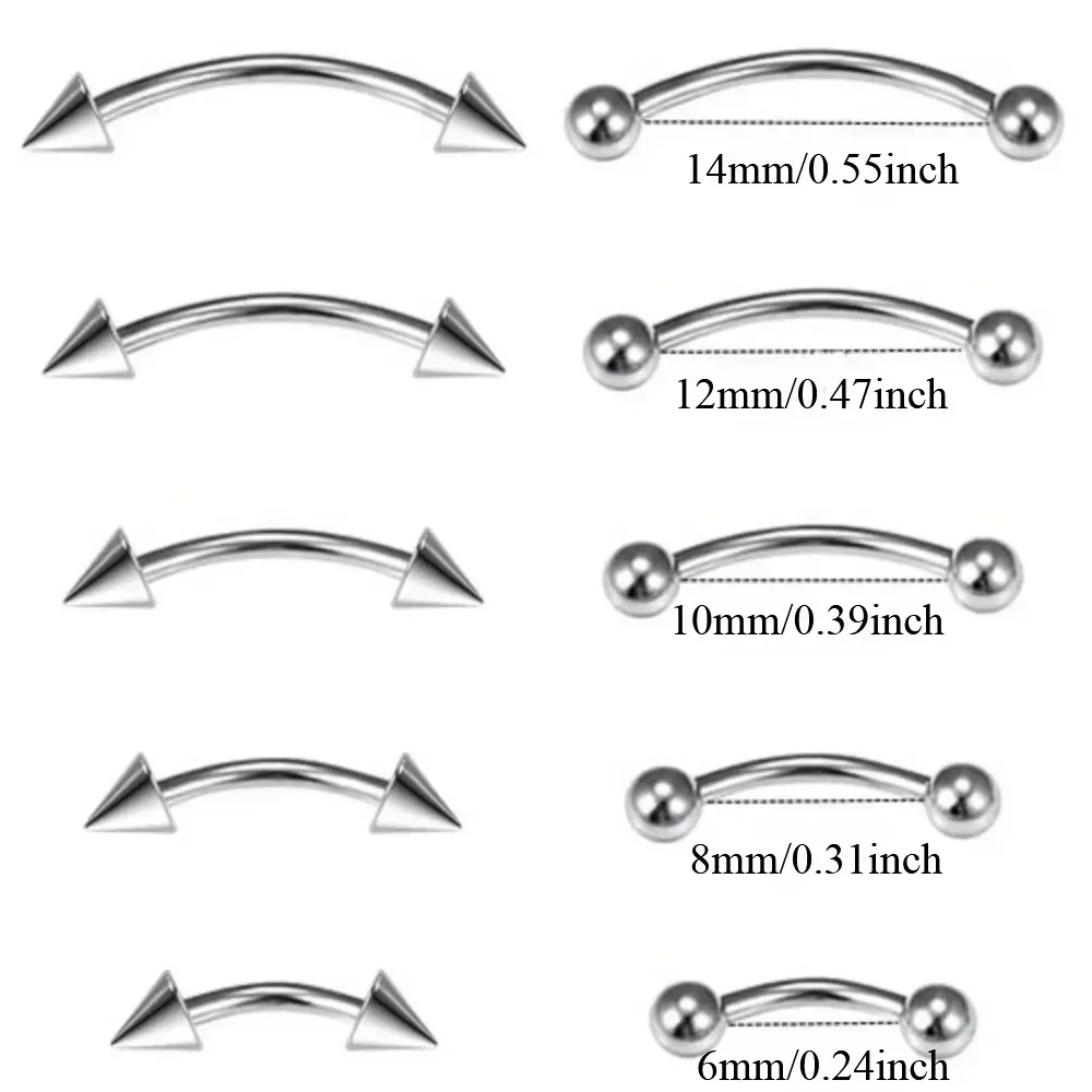 Bulk Multi Size 16G 1.2mm Steel Curved Barbell Eyebrow Piercing 6-14mm Bar 3mm Ball Ear Piercing